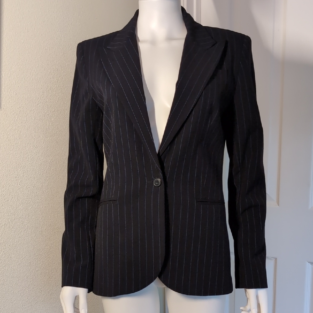 Norma Kamali Blazer Jacket NWOT Sz10 Black w Blue Pinstripes